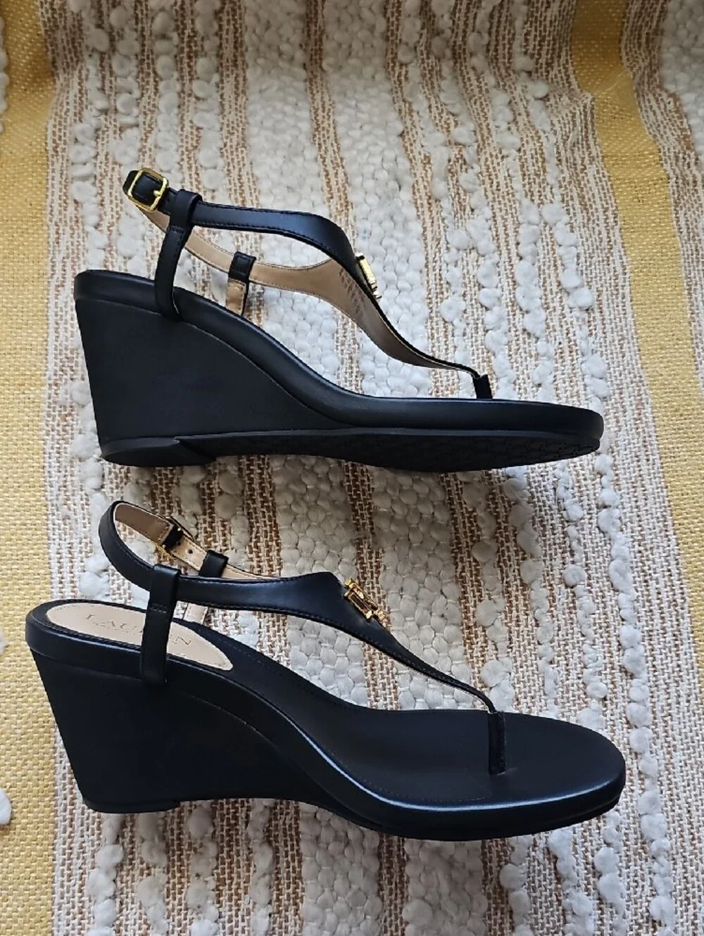 Lauren Ralph Lauren Black Gold RL Logo Wedge Sandals